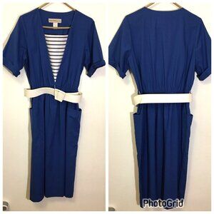 Vintage 80s Blue Dress White Stripes Wide Belt Stranger Things Sailor Retro (9)